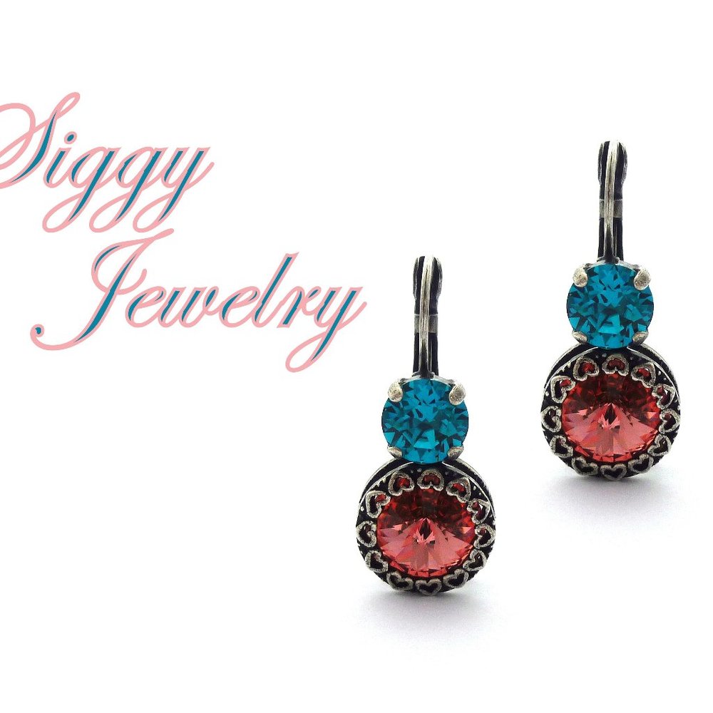 Swarovski Crystal Rose Peach Rivoli and Blue Zircon Double Drop Earrings